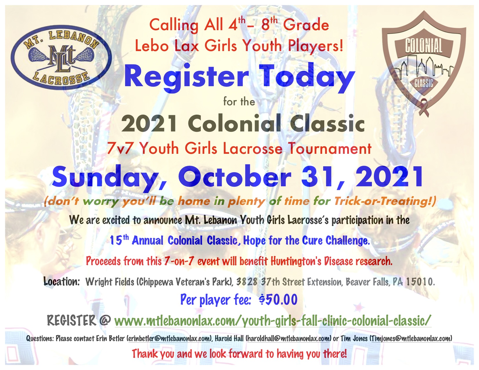 Colonial Classic 2021 - MTLLA Save the Date